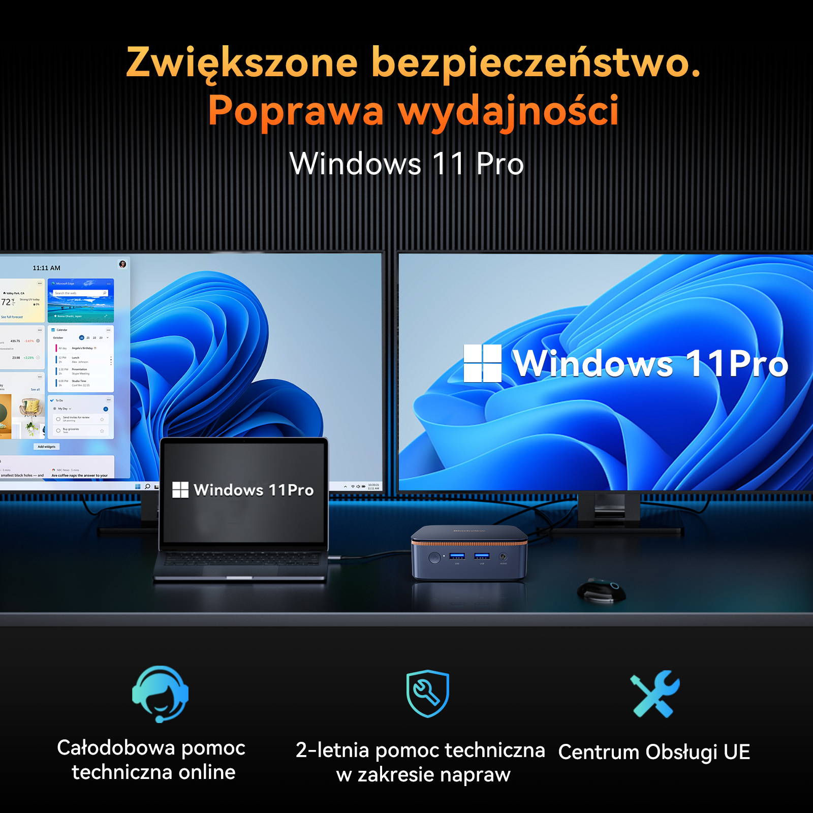 Dwa monitory z systemem Windows 11 Pro, laptop i mini PC.