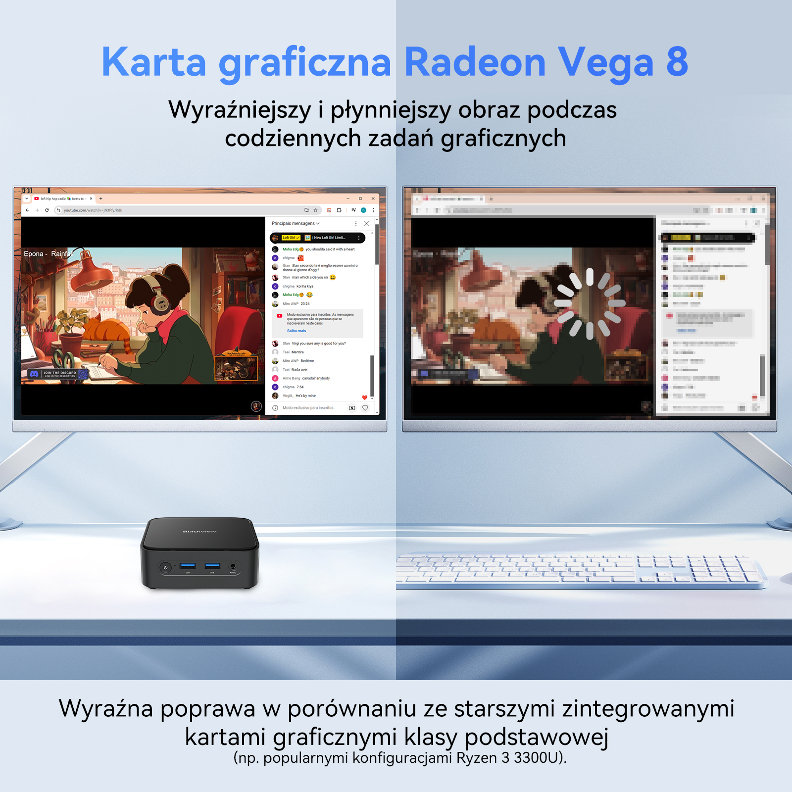 Dwa monitory pokazują stream Lofi Girl z czatem. Komputer poniżej.