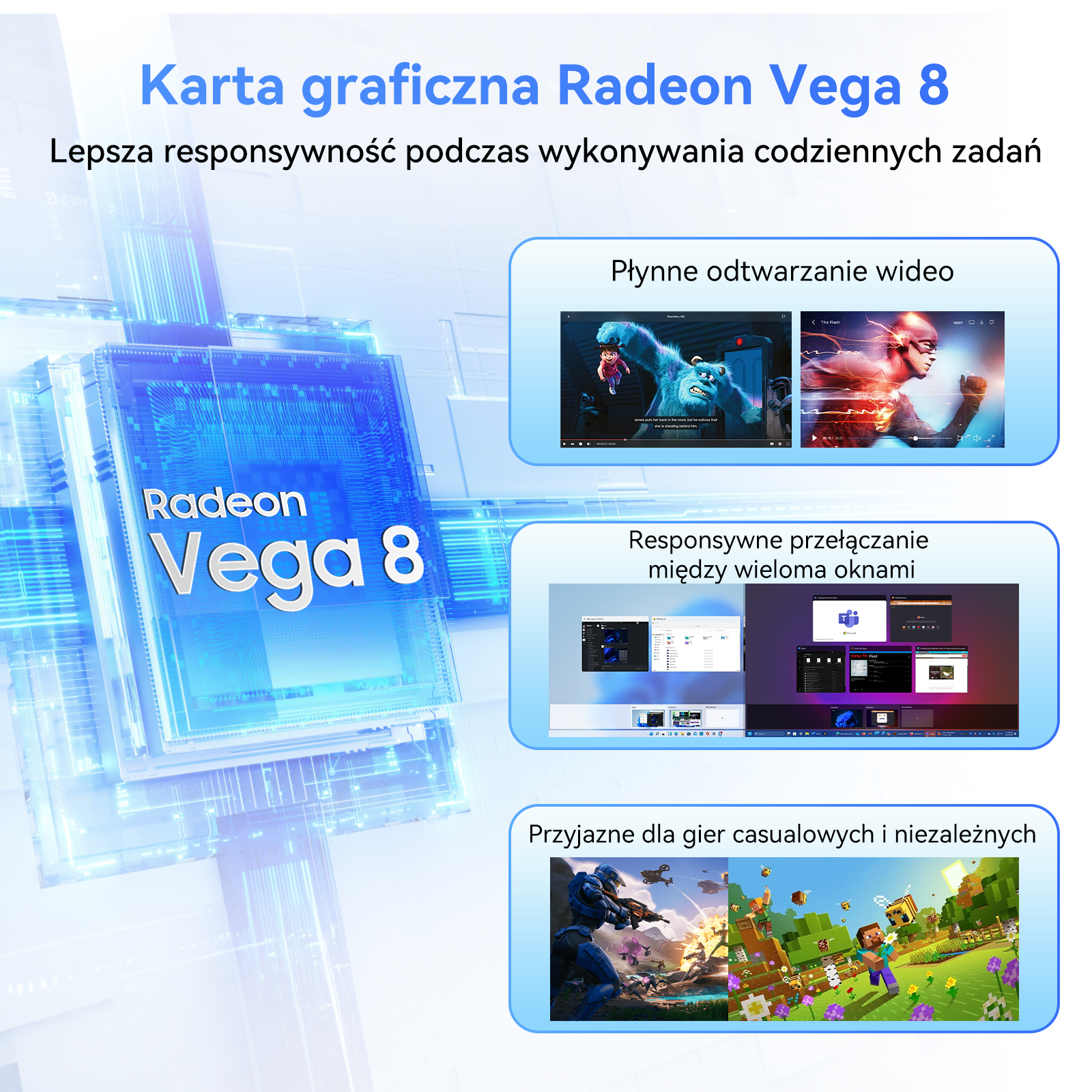 Karta graficzna Radeon Vega 8 pokazująca przykłady wideo, multitaskingu i gier.