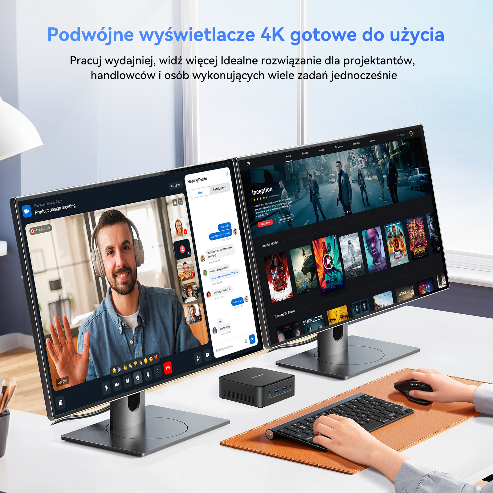 Dwa monitory 4K pokazują wideokonferencję i streaming filmów. Mężczyzna macha.