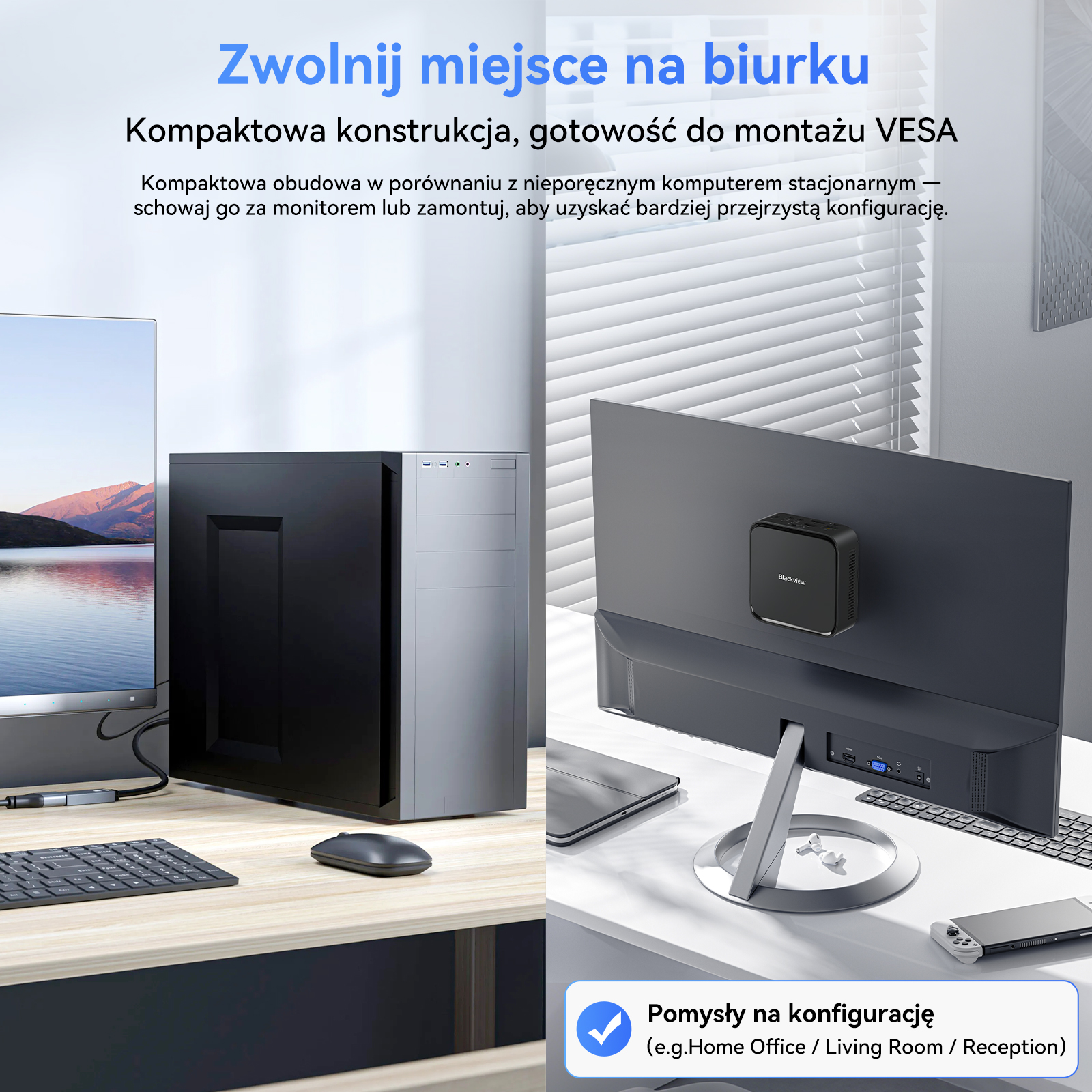 Czarny mini PC zamontowany za monitorem. Obok stoi duży komputer PC.