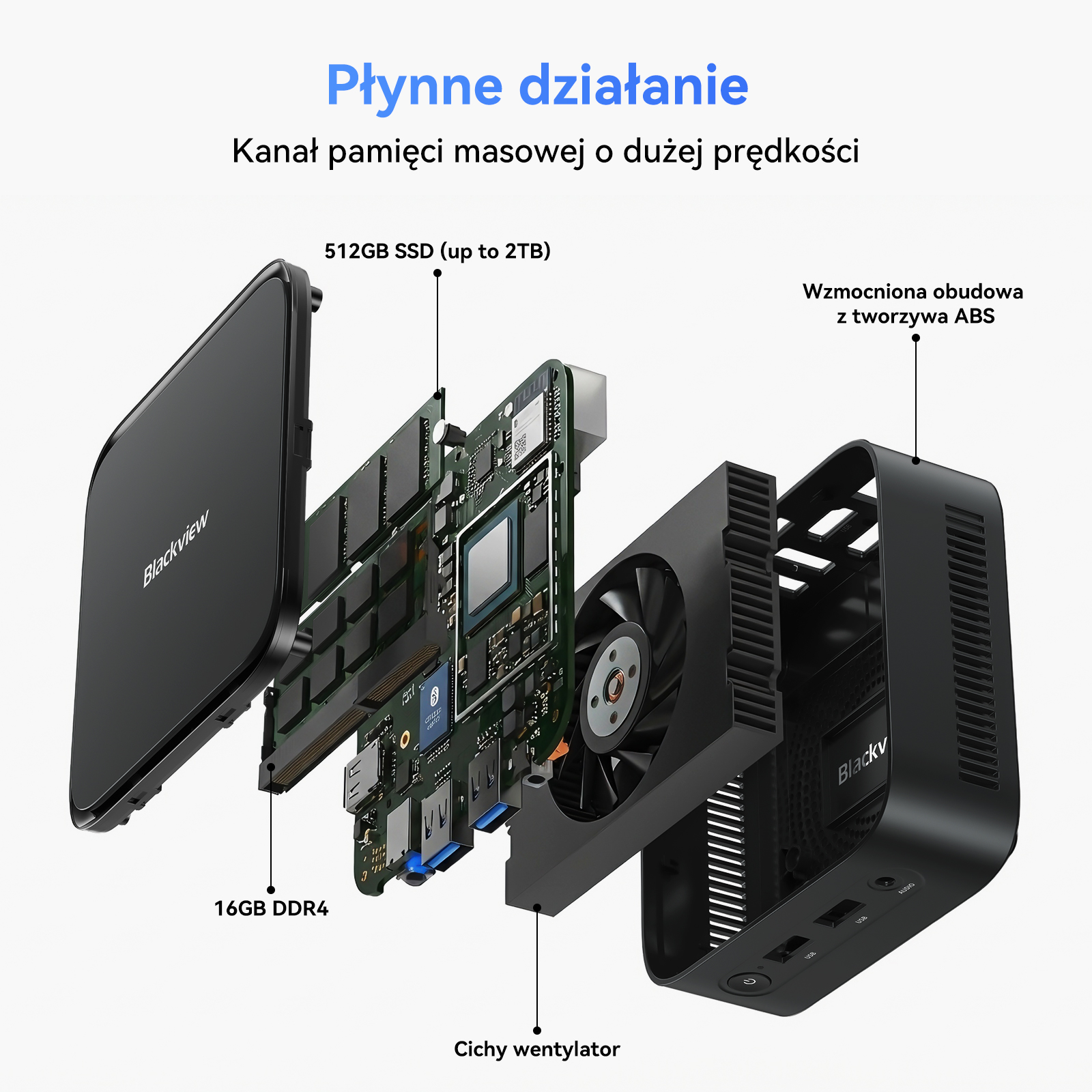 Rozstrzelony widok czarnego komputera: SSD, wentylator, RAM i płyta główna.