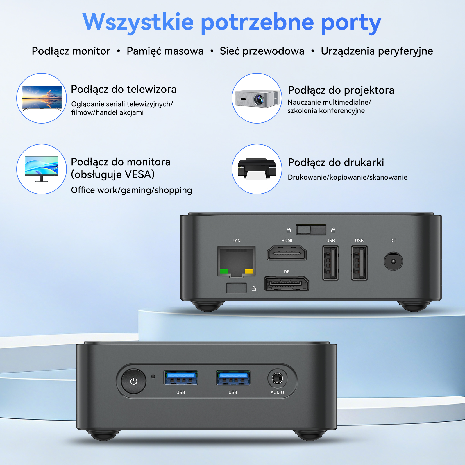 Dwa szare huby komputerowe z różnymi portami i ikonami TV, projektora, monitora i drukarki.