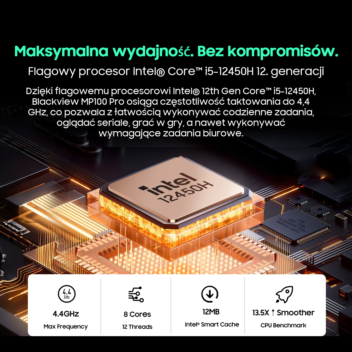 Procesor Intel Core i5-12450H z 4,4 GHz, 8 rdzeniami i 12 MB pamięci podręcznej.