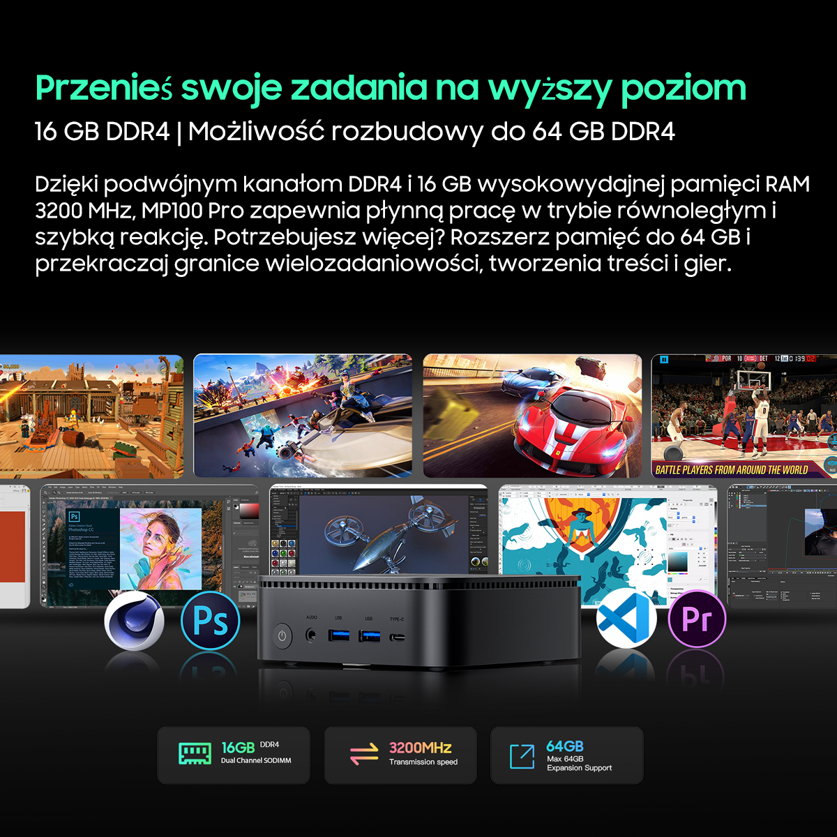 Czarny mini PC wyświetlający różne ekrany oprogramowania i gier. Specyfikacje na dole.