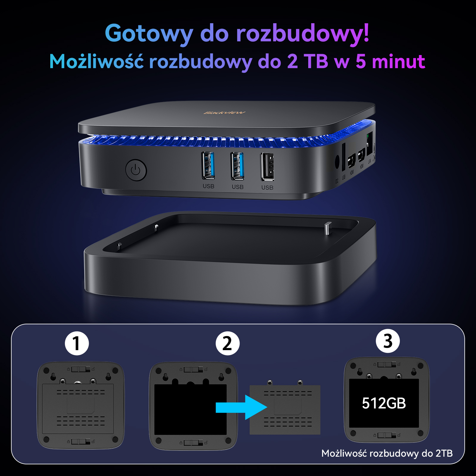 Czarne urządzenie z niebieskimi światłami, portami USB i wyświetlaczem rozbudowy.