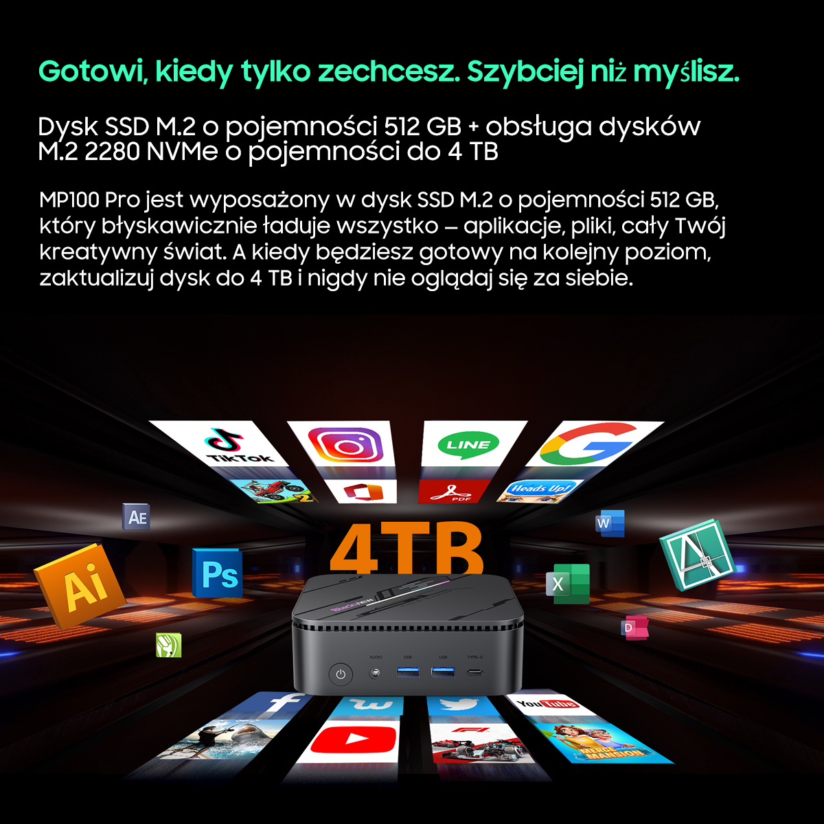 Czarny komputer z ikonami aplikacji i napisem "4TB".