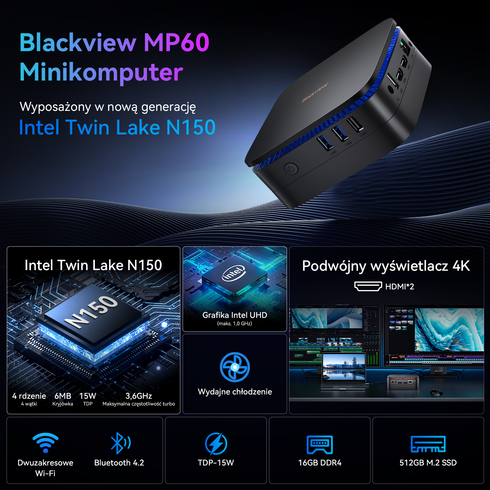 Minikomputer Blackview MP60 z Intel Twin Lake N150, Dual Display 4K, 16GB DDR4, 512GB SSD.
