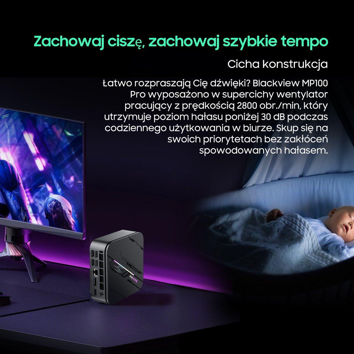 Mini PC obok monitora, obok śpi dziecko.