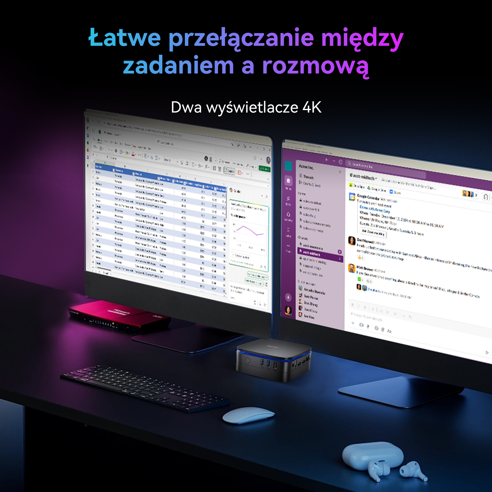 Dwa monitory 4K obok siebie, z komputerem, klawiaturą i myszką na biurku.