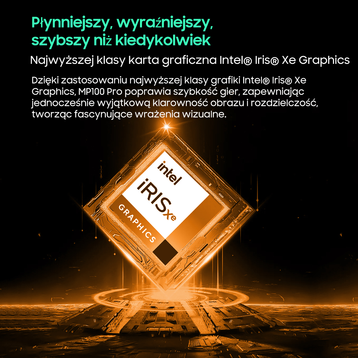 Świecący chip graficzny Intel Iris Xe unosi się nad futurystyczną powierzchnią.