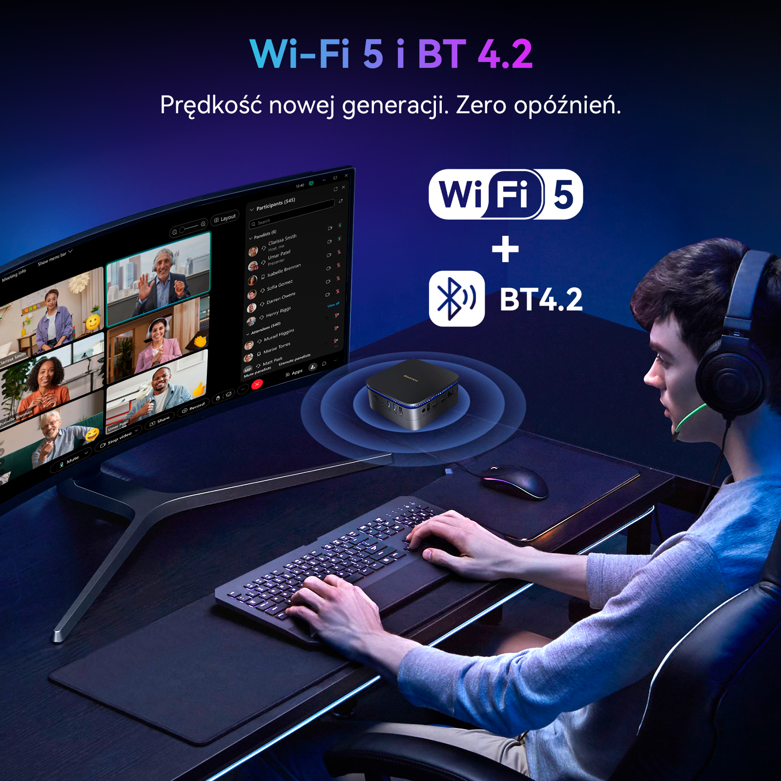 Osoba korzysta z komputera z wideokonferencją na ekranie. Pokazano Wi-Fi 5 i BT 4.2.