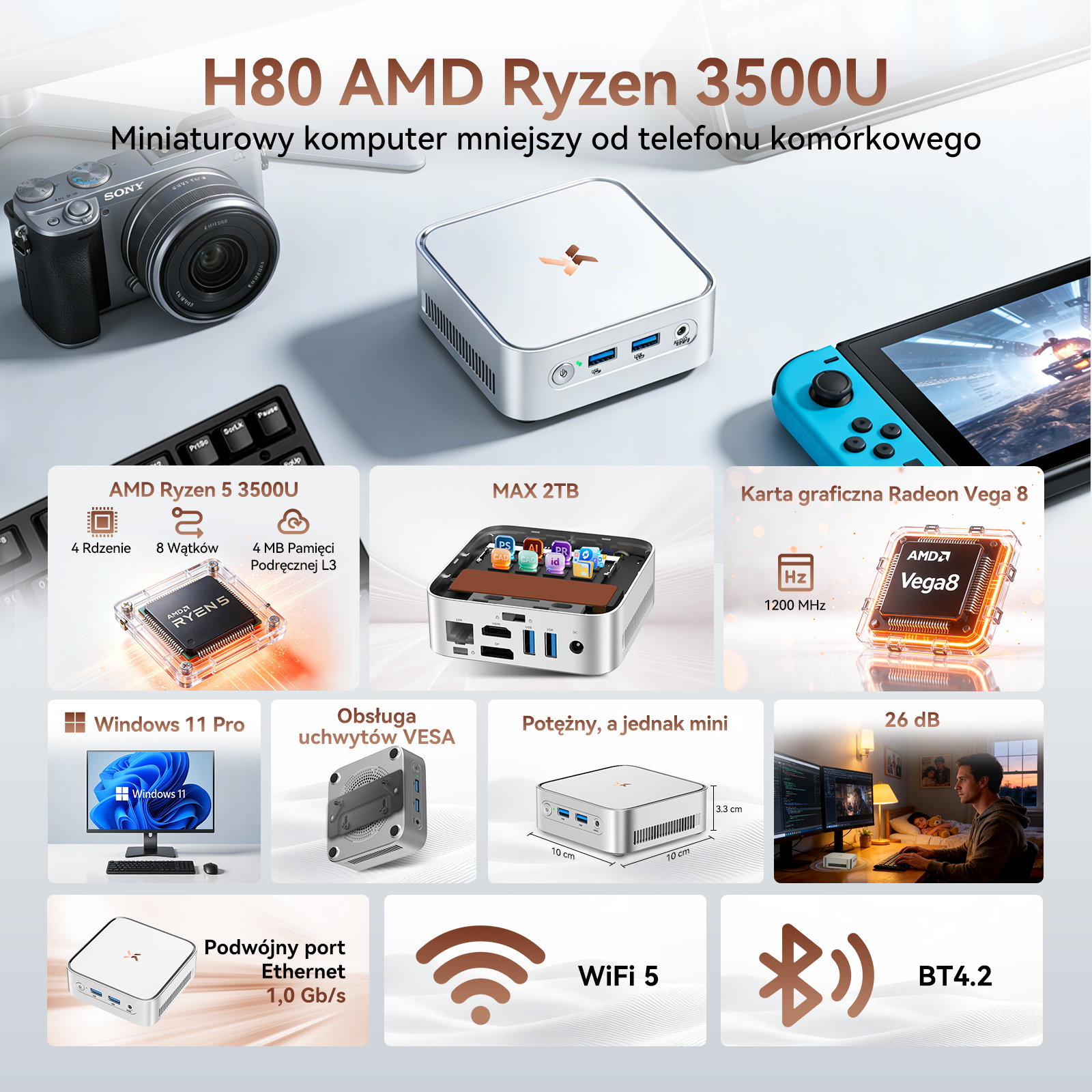 Mini PC z AMD Ryzen 5 3500U, aparat, klawiatura, konsola, Windows 11 Pro, VESA, WiFi 5, BT4.2.