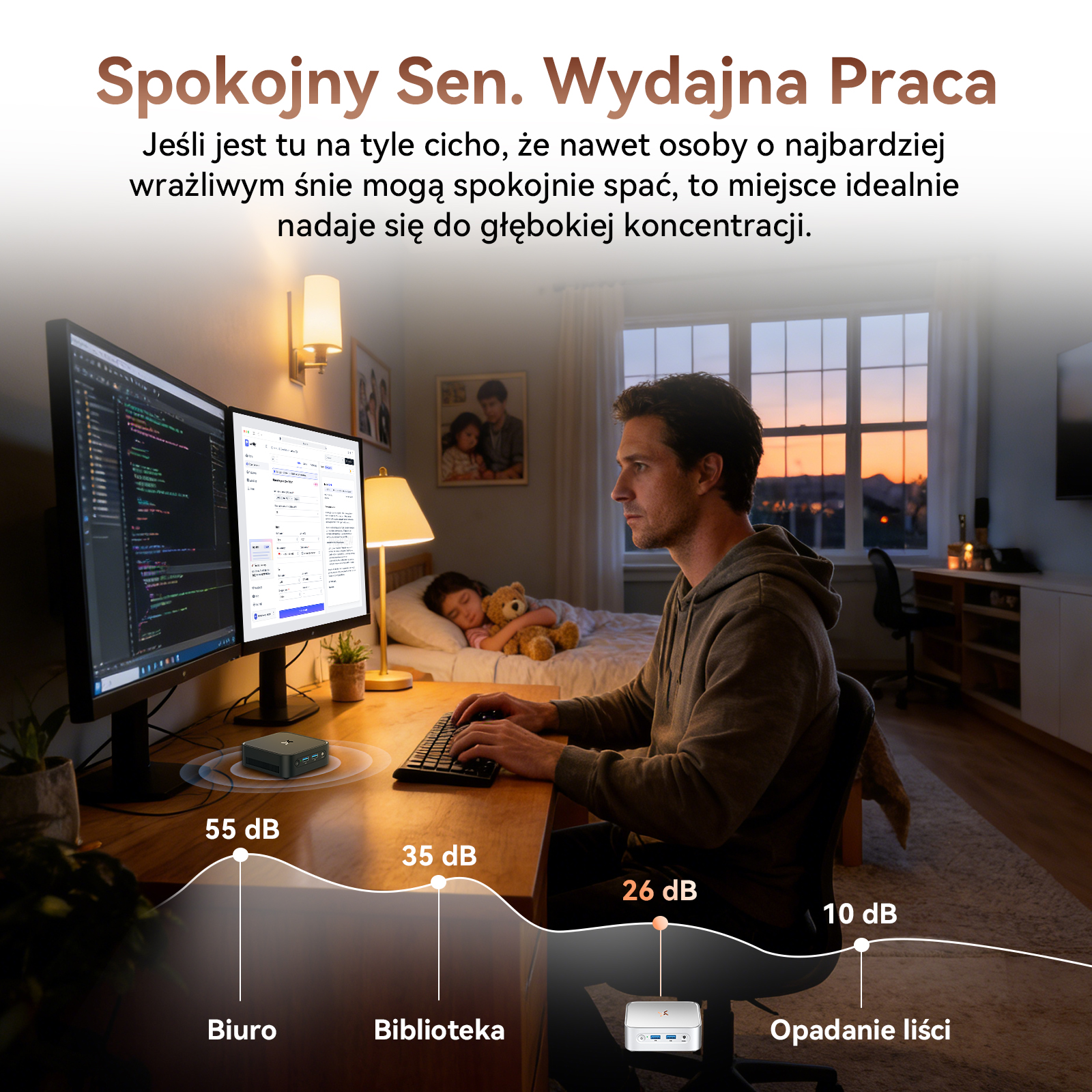 Mężczyzna pracuje przy biurku, dziecko śpi w łóżku. Pokazano niski poziom hałasu.