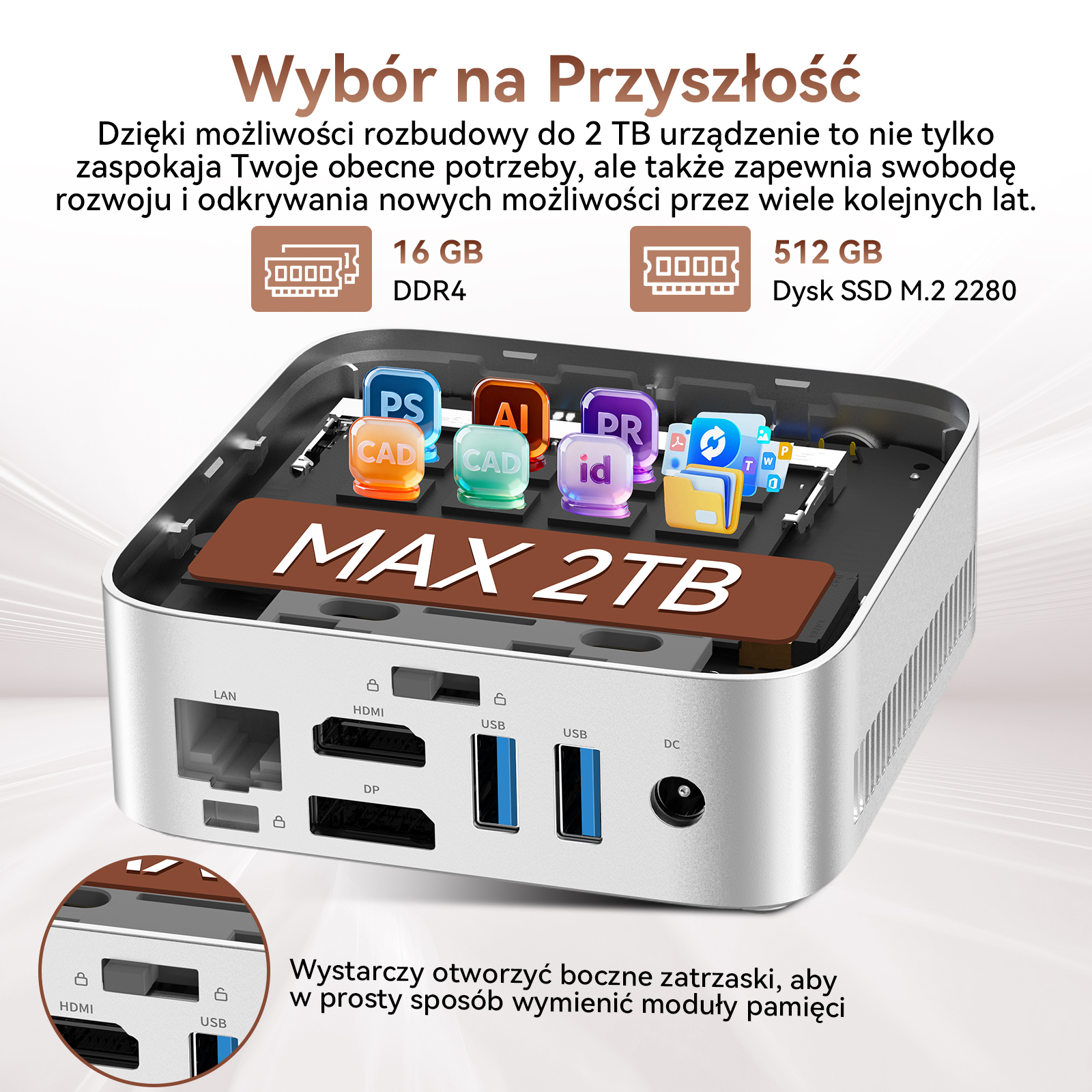 Srebrny mini PC z otwartą obudową, ukazujący RAM, SSD, ikony programów i porty.