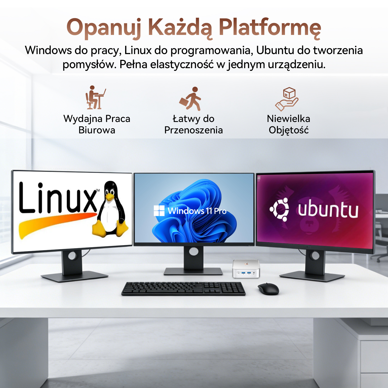 Trzy monitory z Linuksem, Windowsem 11 Pro i Ubuntu. Obok komputer PC.