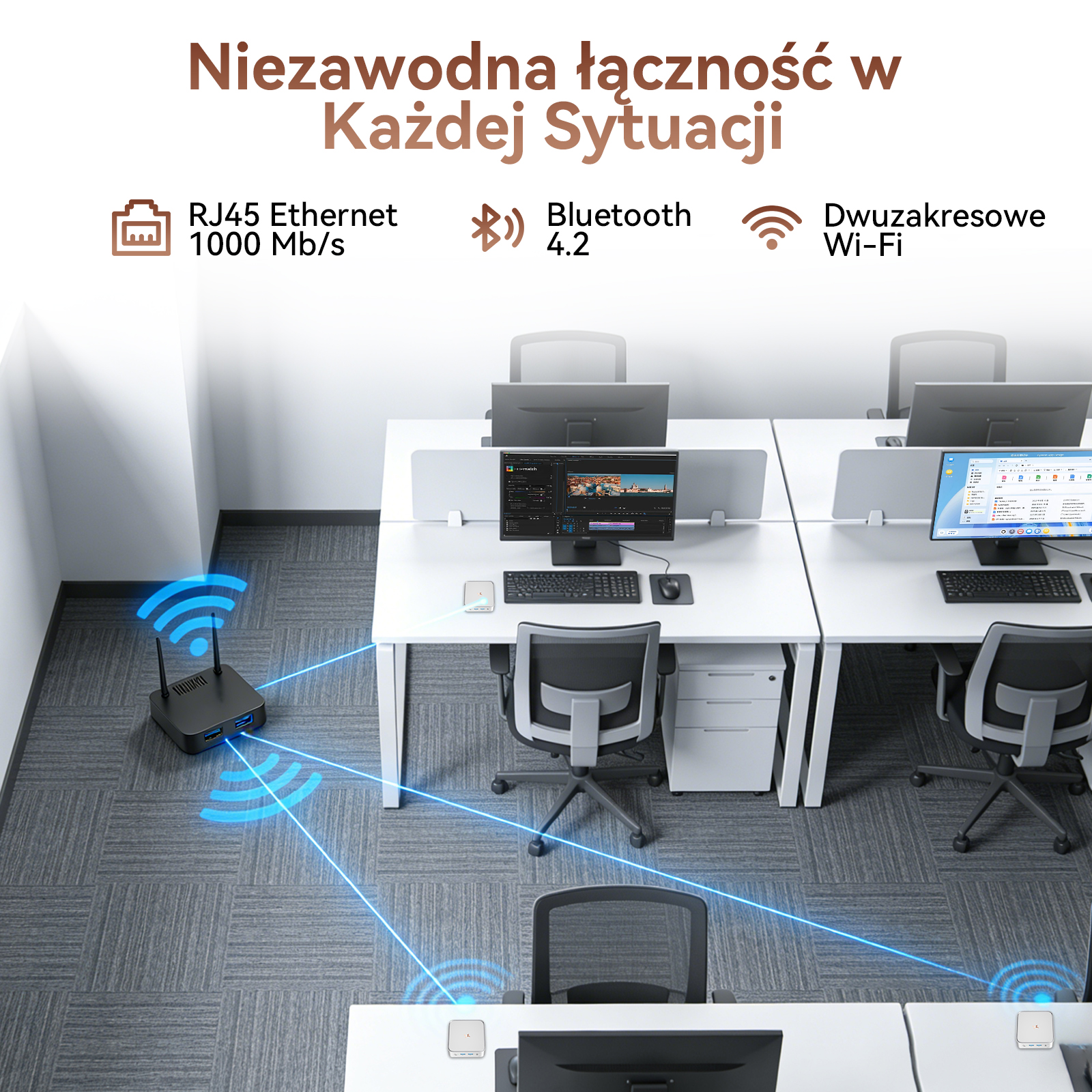 Czarny router wysyła niebieskie fale do komputerów w biurze.