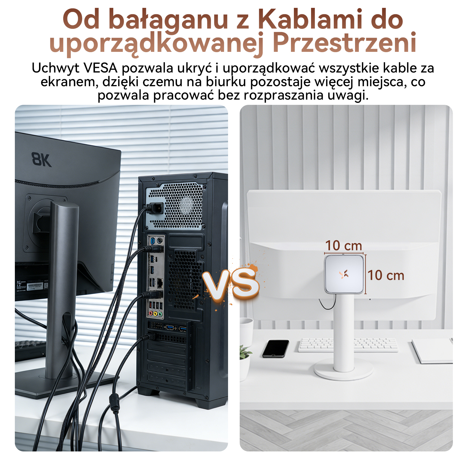 Po lewej: Obudowa PC i monitor z bałaganem kabli. Po prawej: Monitor z uchwytem VESA i uporządkowanymi kablami.