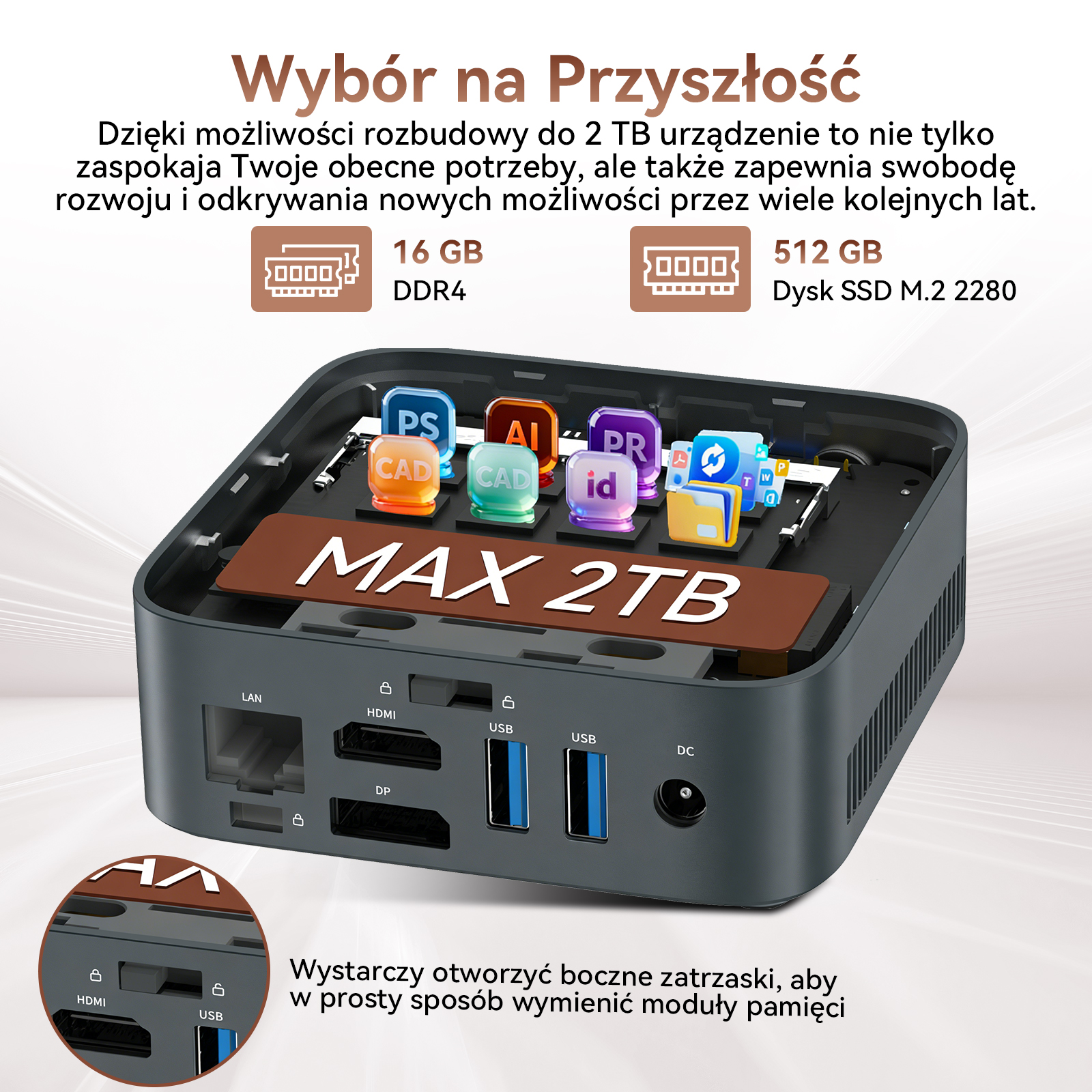 Mini PC z otwartą obudową, pokazujący sloty RAM i ikony oprogramowania. Max 2TB.