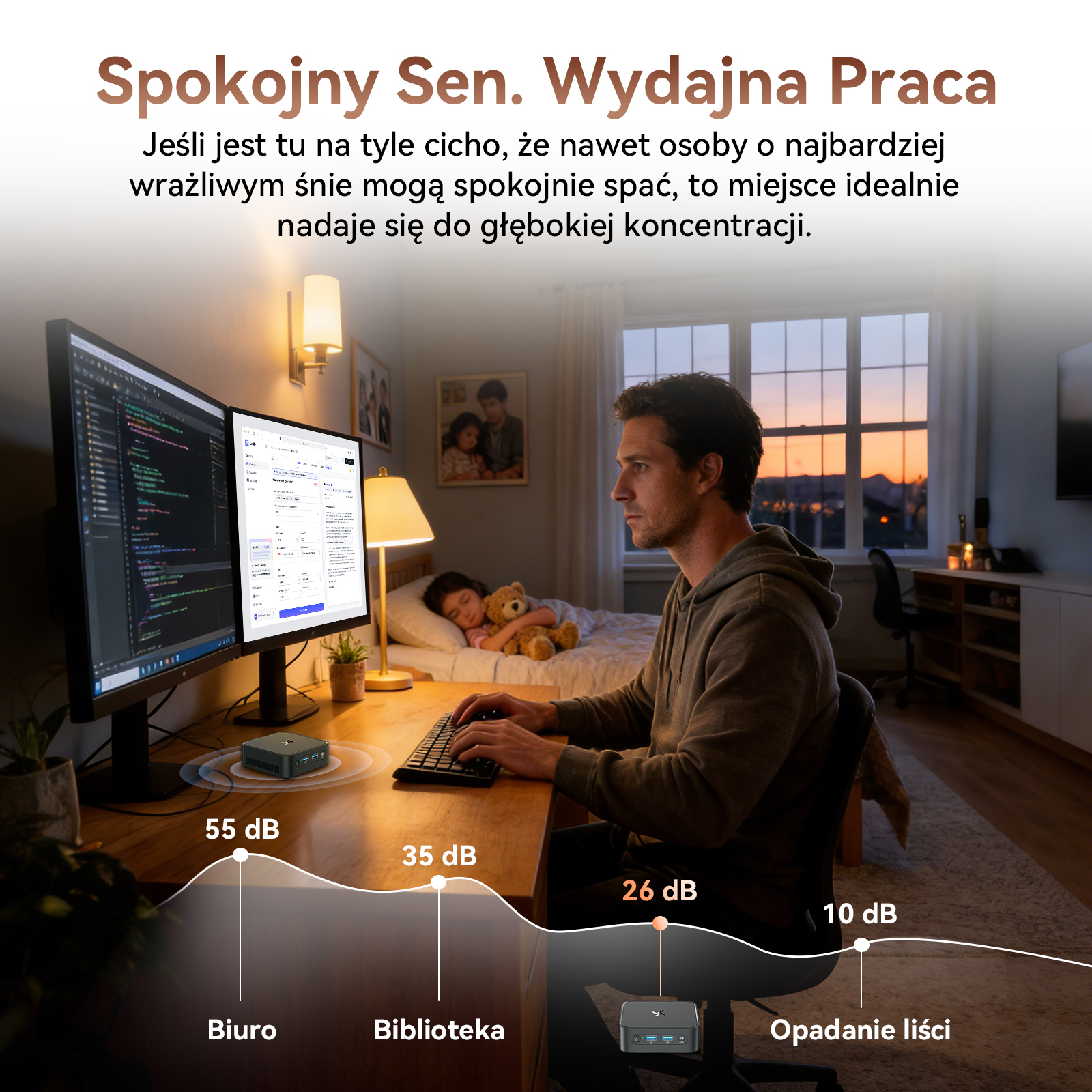 Mężczyzna pracuje przy komputerze, dziecko śpi w łóżku. Wykres hałasu.