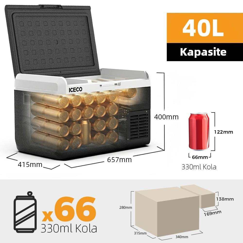 66 kutu kola ile doldurulmuş açık 40L ICECO buzdolabı. Boyutlar gösterilmiştir.