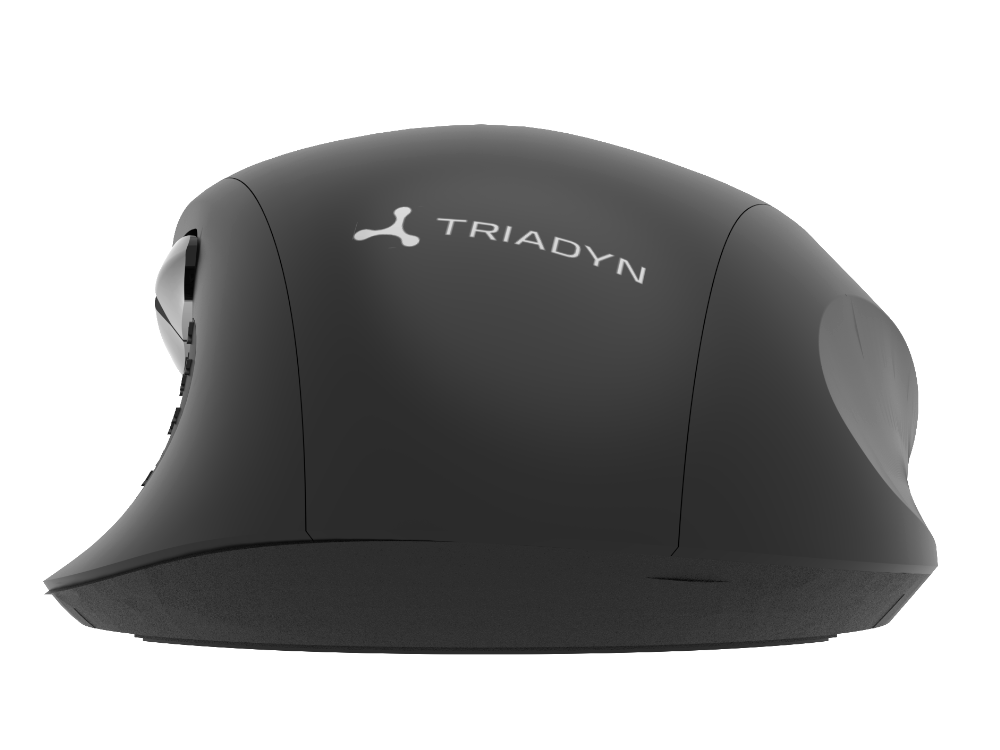 Czarna mysz ergonomiczna z logo Triadyn, przyciskami bocznymi i gumowanym uchwytem.