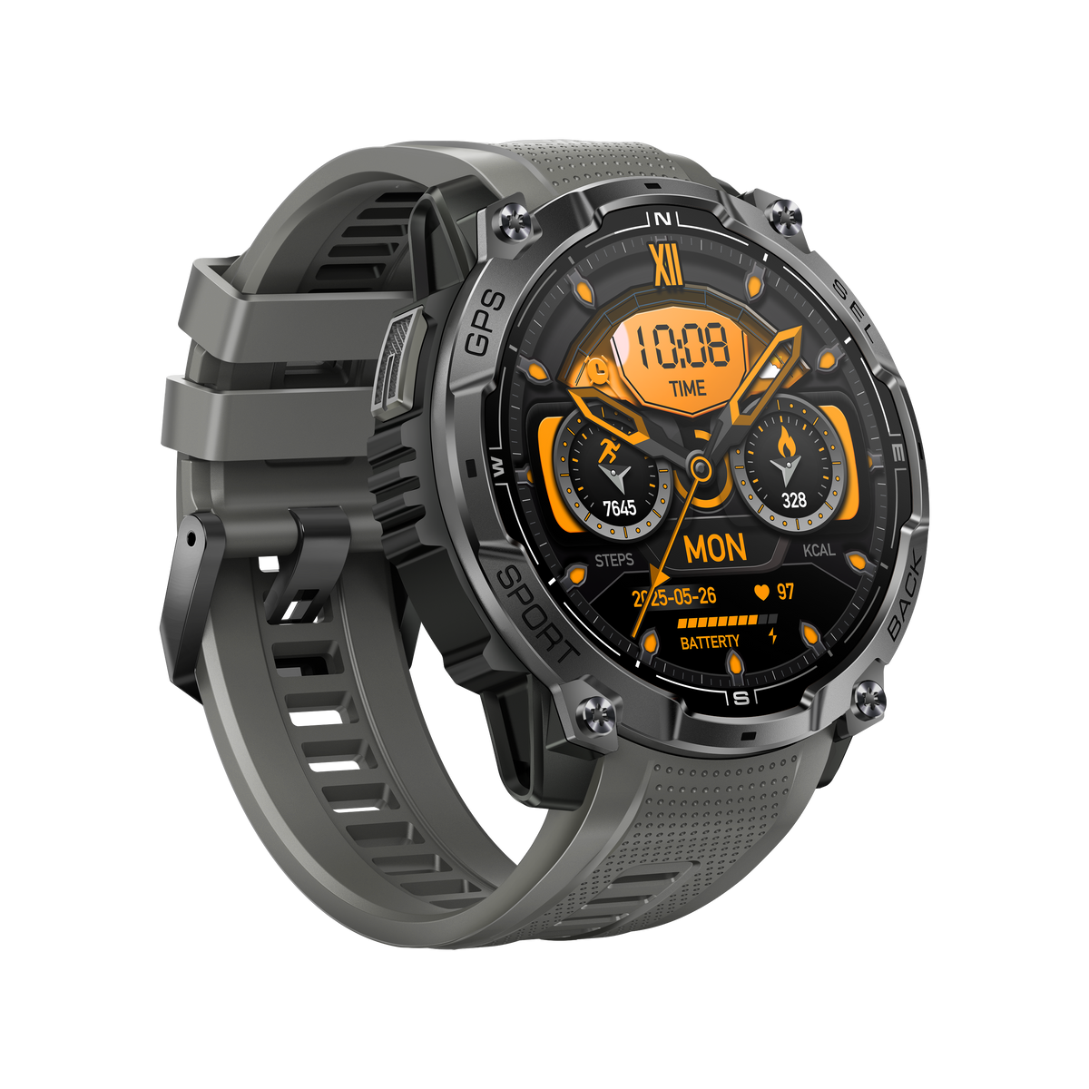 Szary smartwatch z czarną tarczą i pomarańczowymi akcentami, pokazuje czas, datę, kroki.