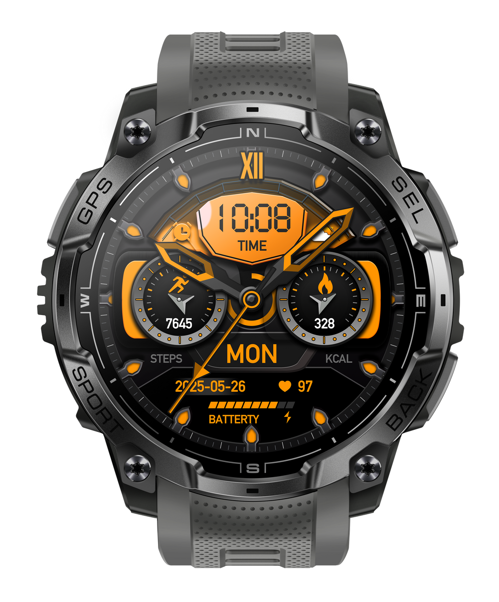 Szary smartwatch z pomarańczową tarczą cyfrową pokazującą 10:08, kroki, kcal i datę.