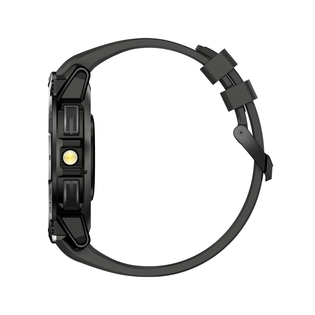 Czarny smartwatch z gumowym paskiem, widok z profilu na czarnym tle.