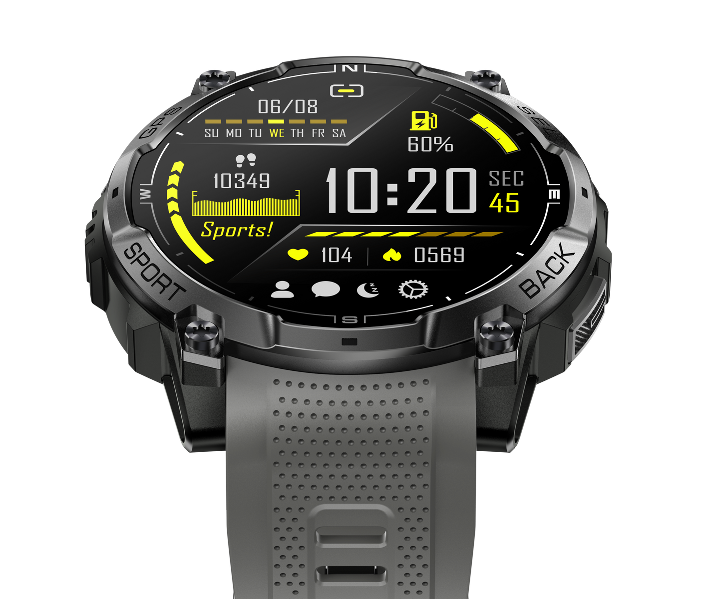 Czarny smartwatch z szarym paskiem i cyfrowym wyświetlaczem pokazującym dane sportowe.