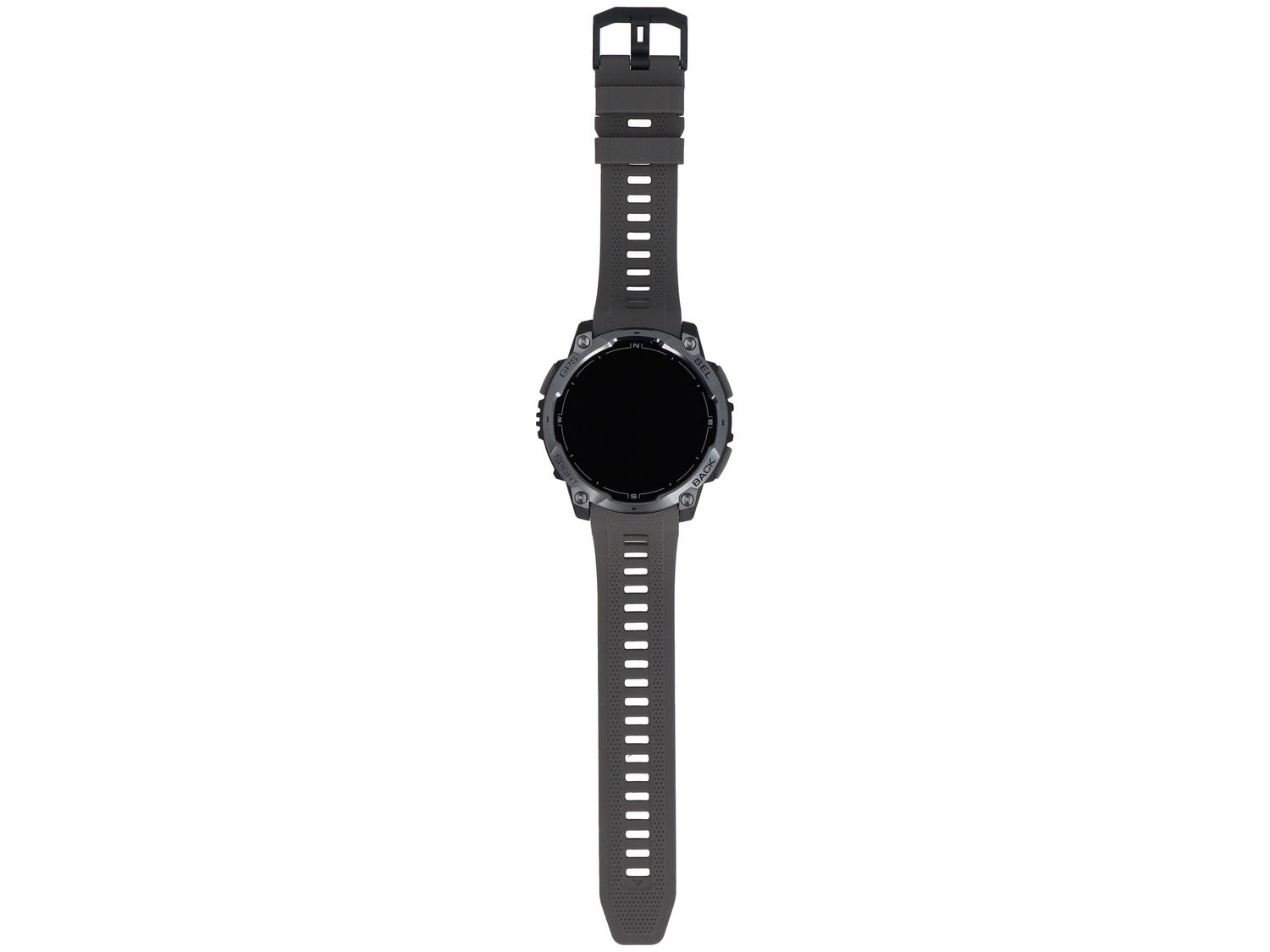 Ciemnoszary smartwatch z czarną tarczą i silikonowym paskiem.