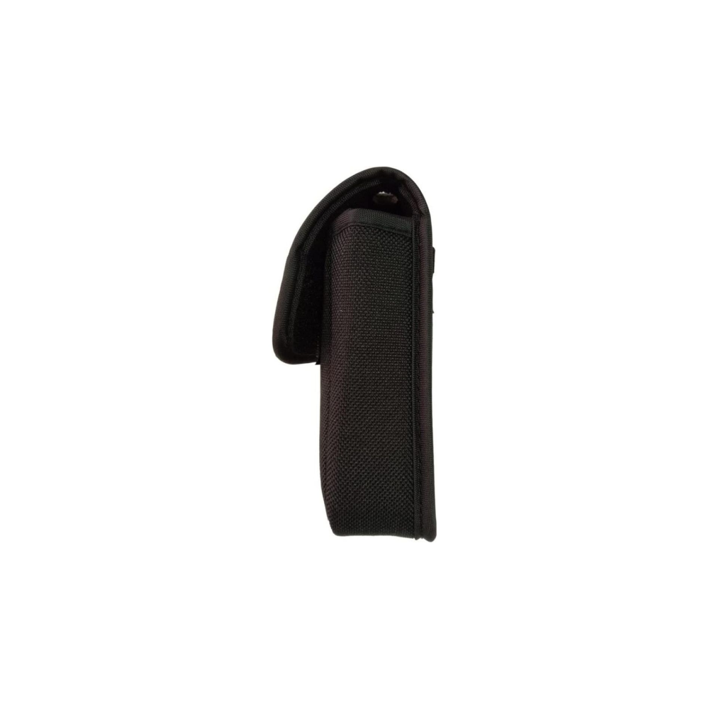 Zwarte stoffen etui met klittenbandsluiting, zijaanzicht.