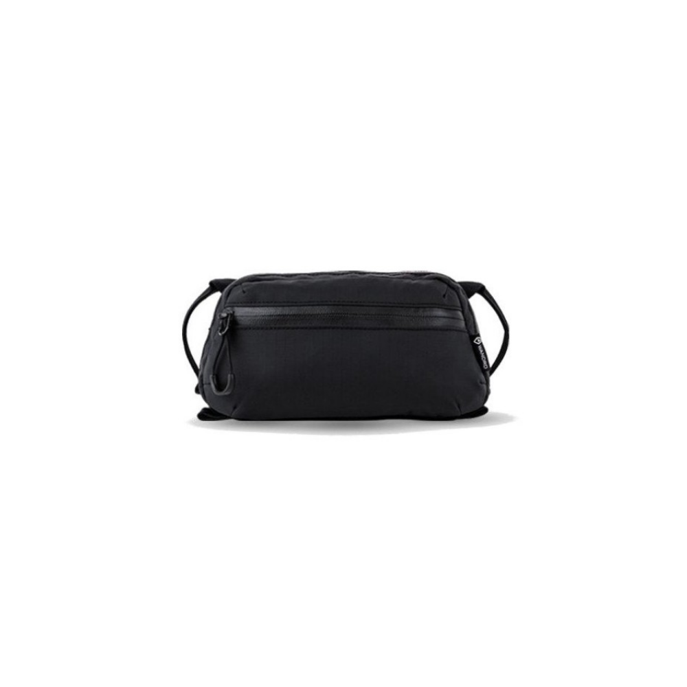 A black crossbody bag with a zippered pocket on the front.