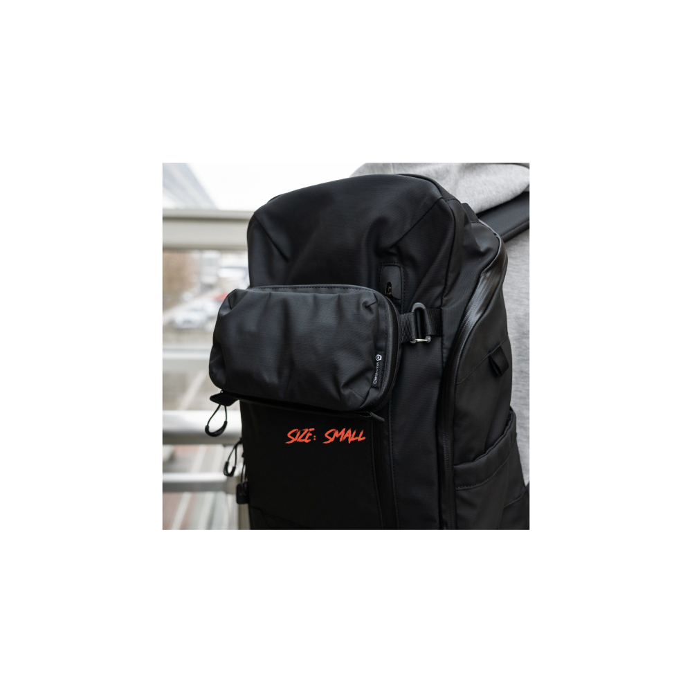 A black backpack with red text "SIZE: SMALL" and a small pouch.
