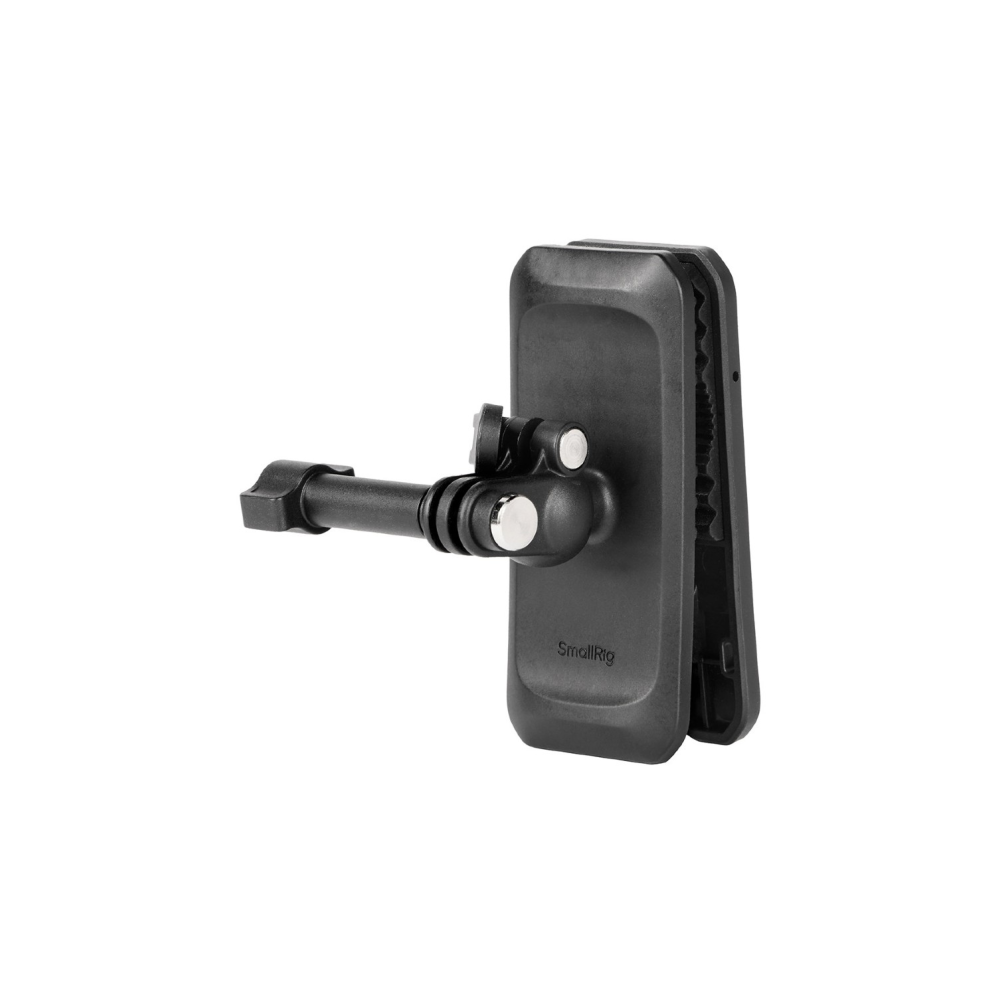 Een zwarte cliphouder met een scharnierende arm voor camera's.