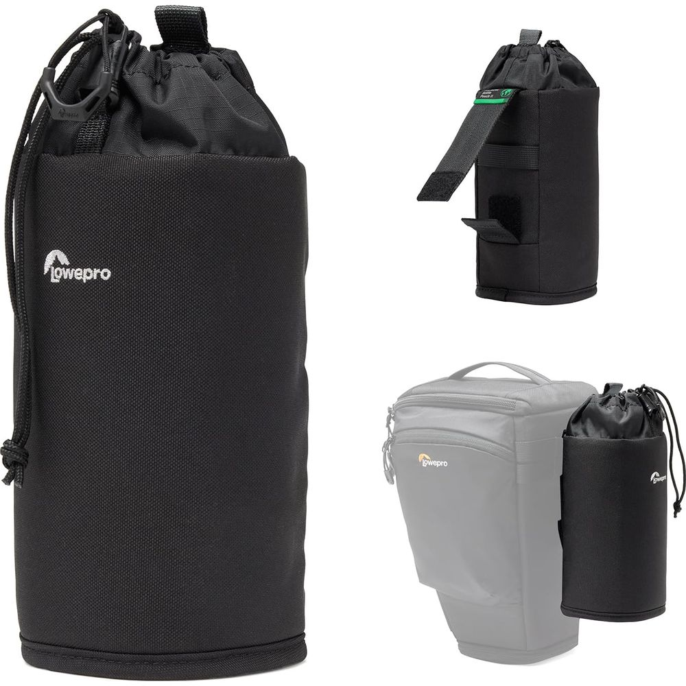 Collage van zwarte Lowepro etuis: een grote, een kleine met riem, een bevestigd aan cameratashoes.