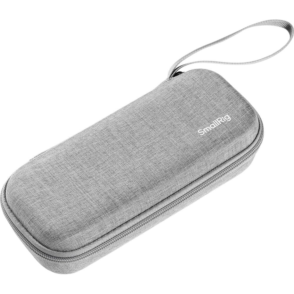 Grijze stoffen etui met rits en lus. SmallRig-logo.