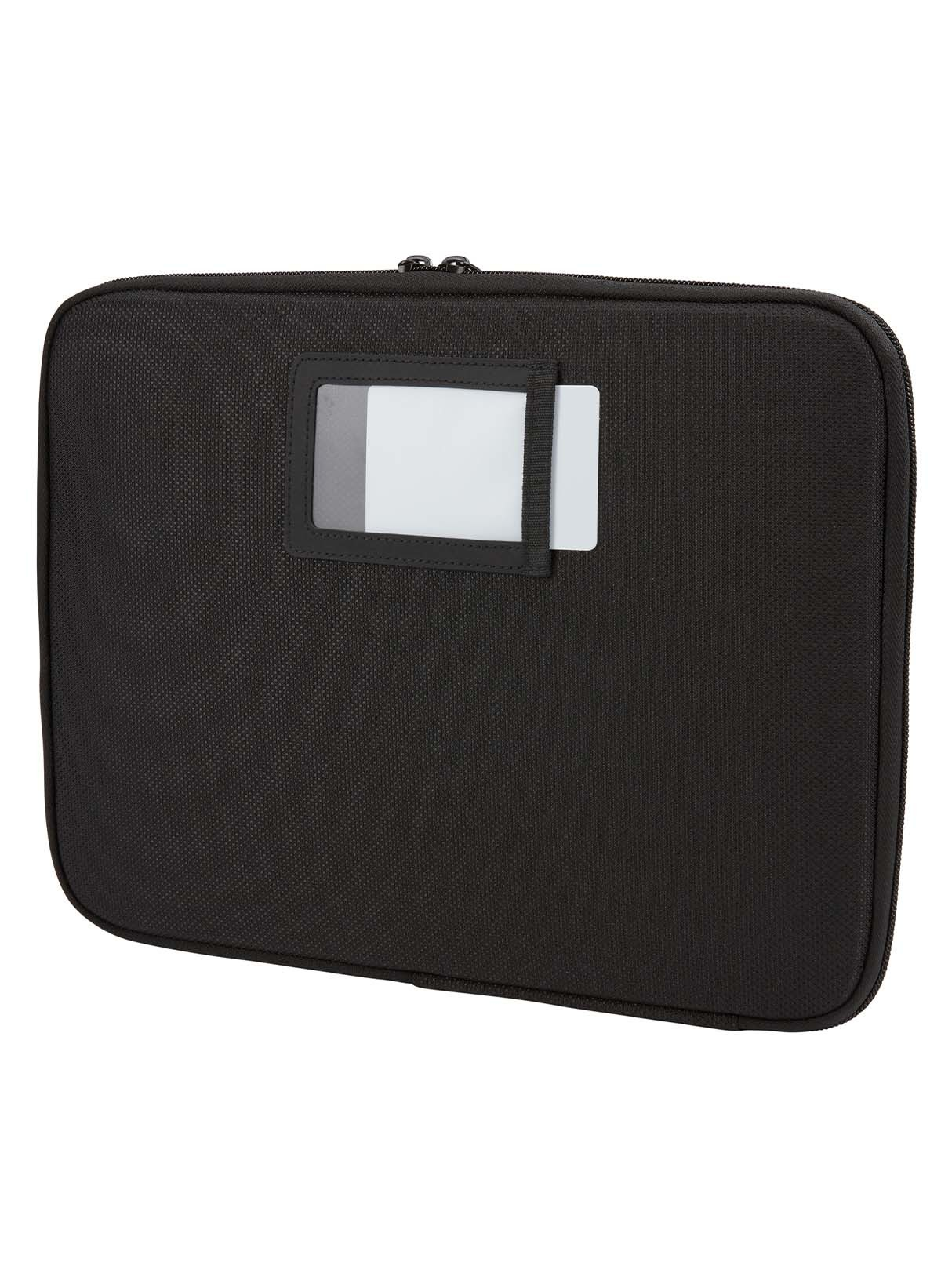 Zwarte laptoptas met een doorzichtig vak voor een kaart.