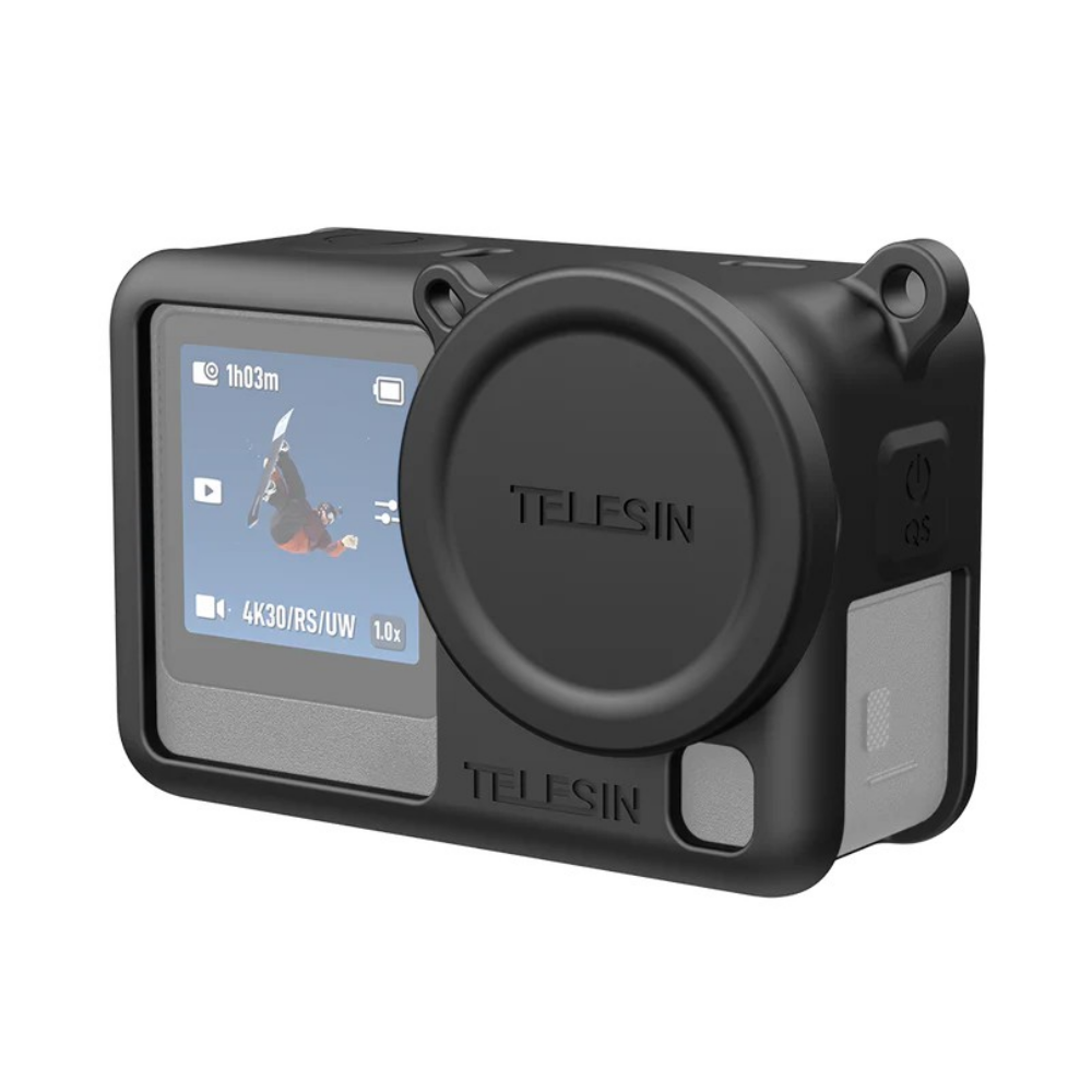 Zwarte camerahoes met Telesin-logo, toont snowboarder op scherm.