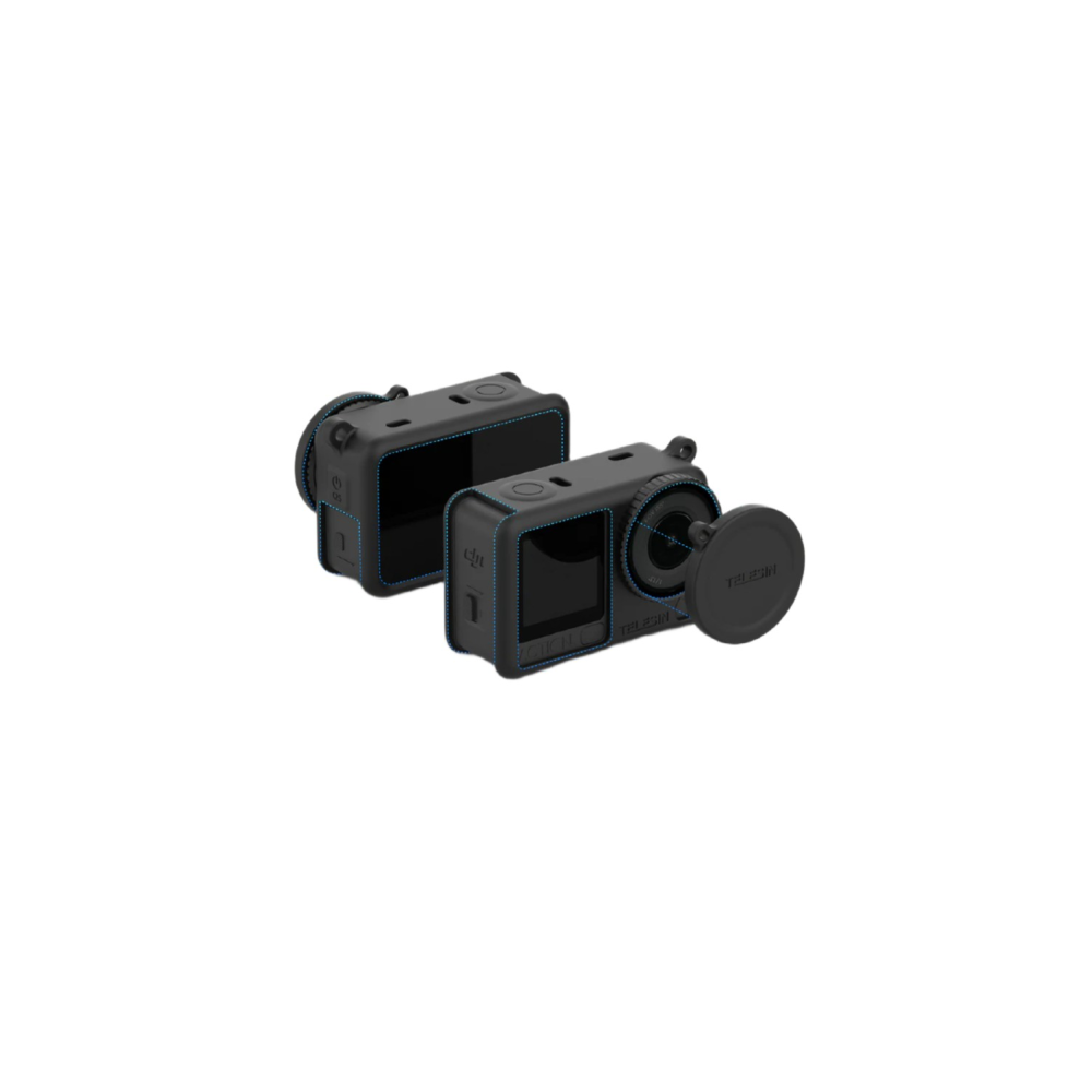 Twee zwarte action camera's naast elkaar, één met lensdop.