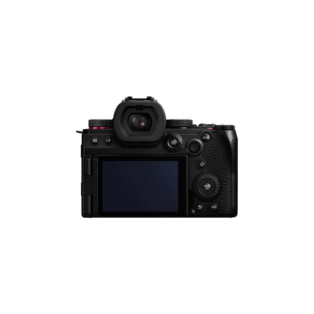 Achterkant van een zwarte digitale camera met zoeker, scherm en bedieningsknoppen.