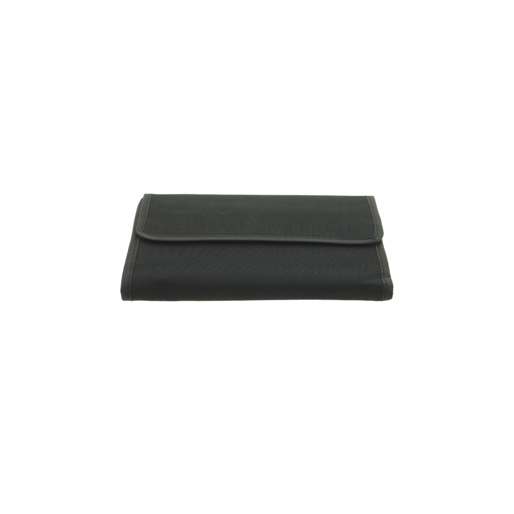 A closed black pouch with a flap, on a white background.