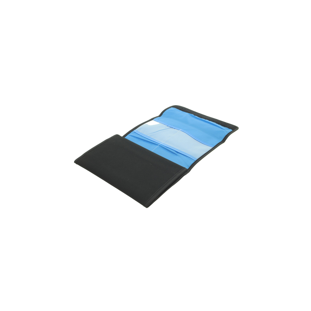 Black fabric pouch with blue interior and clear compartments.