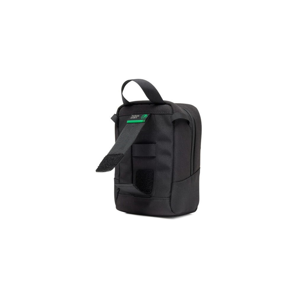 Zwarte tactische tas met handvat en klittenband.