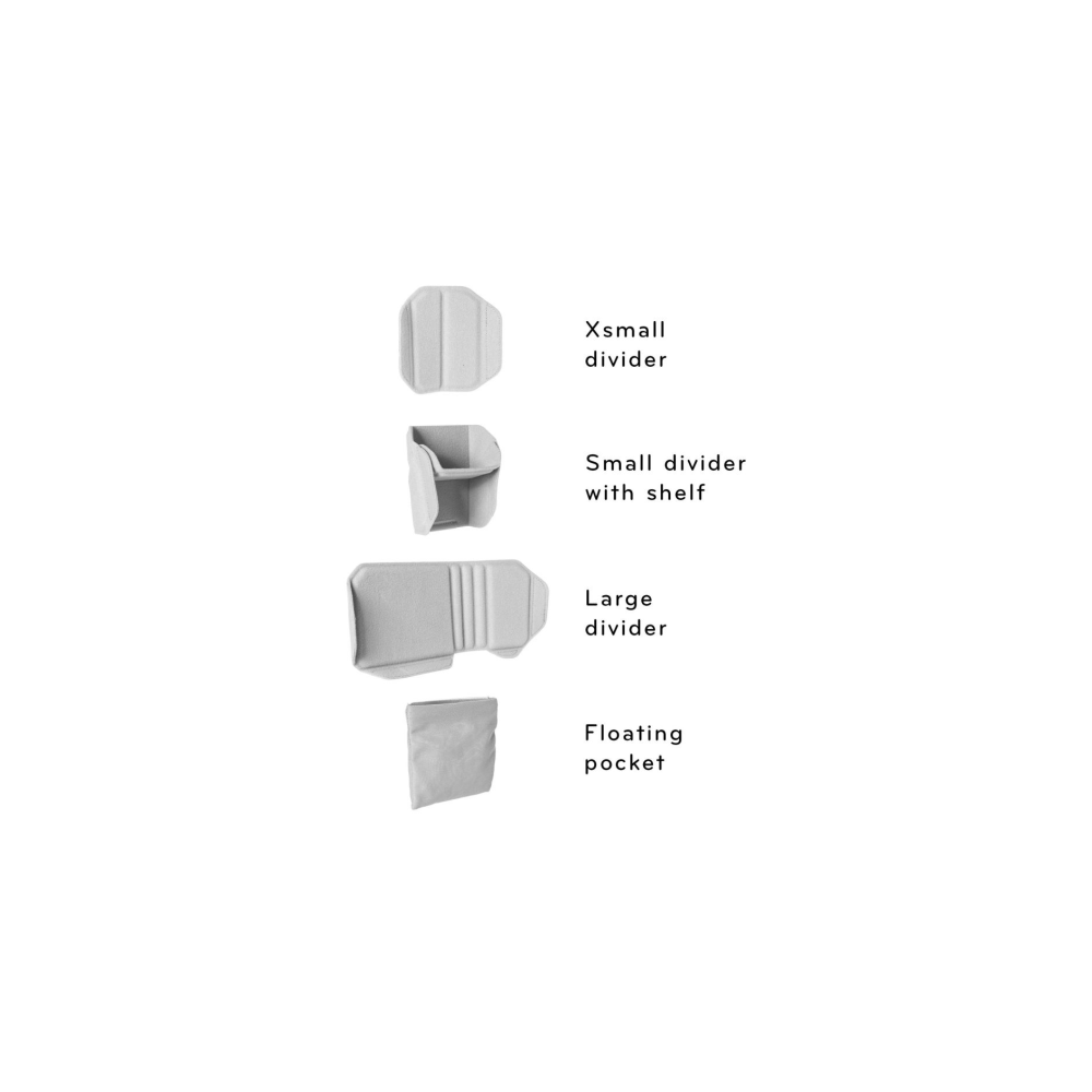 Four gray organizer pieces: xsmall divider, small divider with shelf, large divider, pocket.