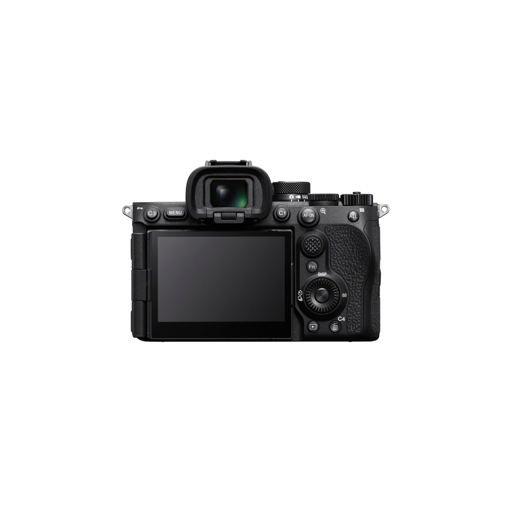 Achterkant van een zwarte Sony digitale camera met groot LCD-scherm en zoeker.