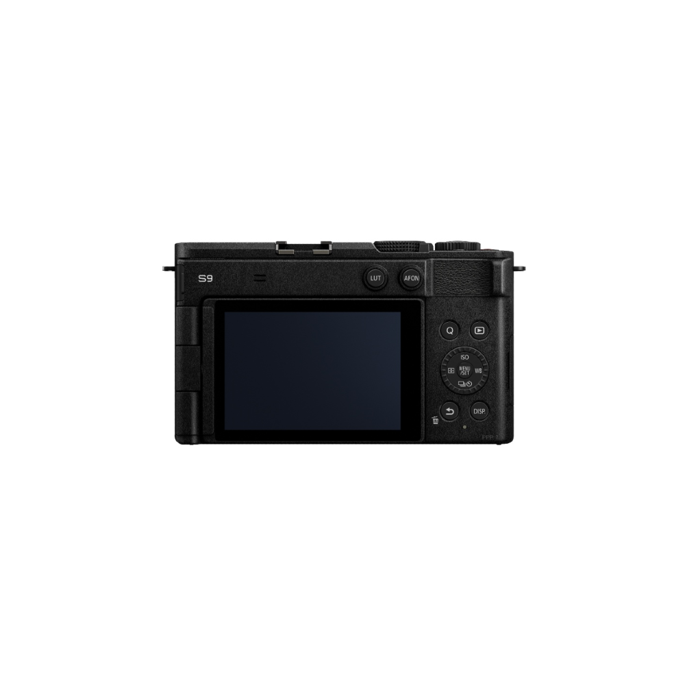 Zwarte digitale camera, achterkant, met LCD-scherm en bedieningsknoppen.