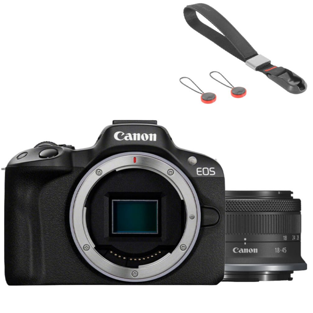 Zwarte Canon EOS camera met lens en polsbandaccessoires.