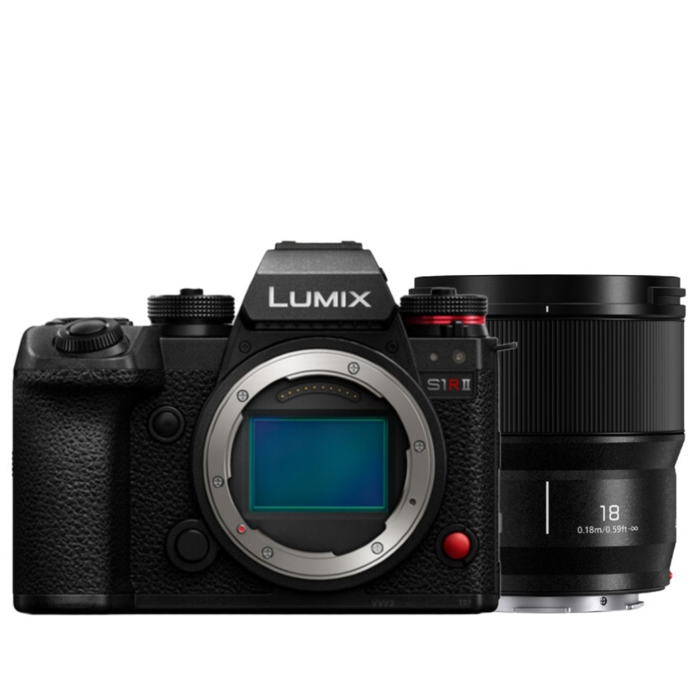Een zwarte Lumix S1R II camera staat naast een zwarte lens met witte markeringen.