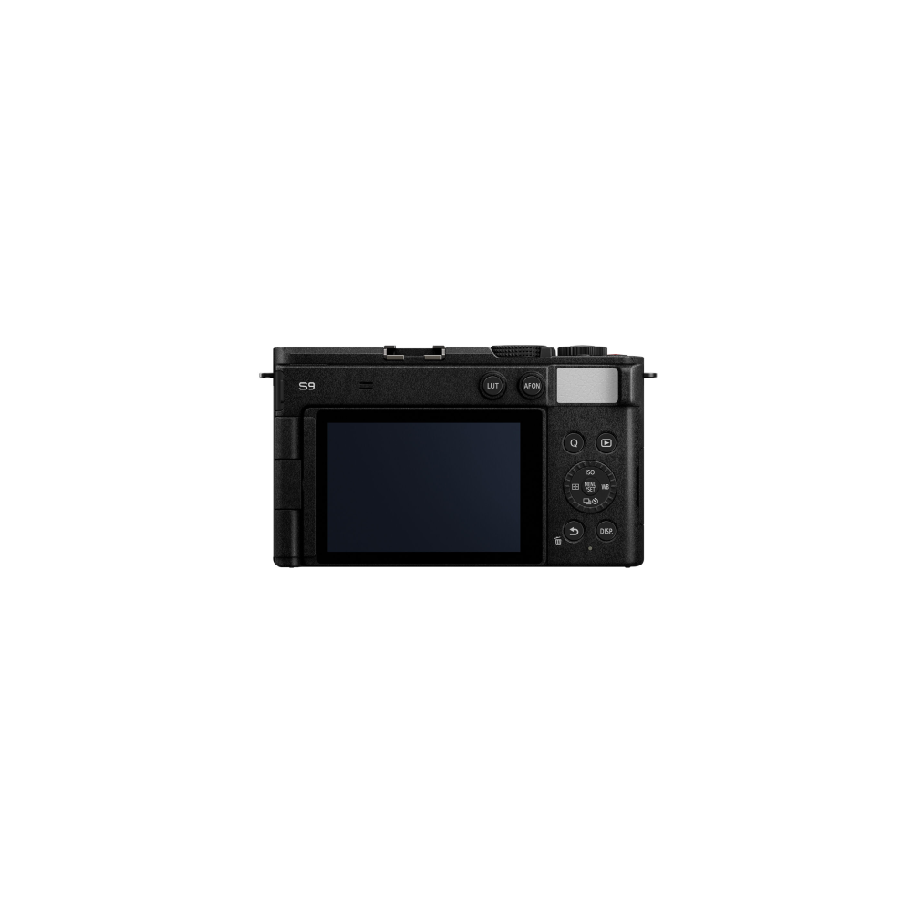 Achterkant van een zwarte digitale camera met scherm en bedieningsknoppen.